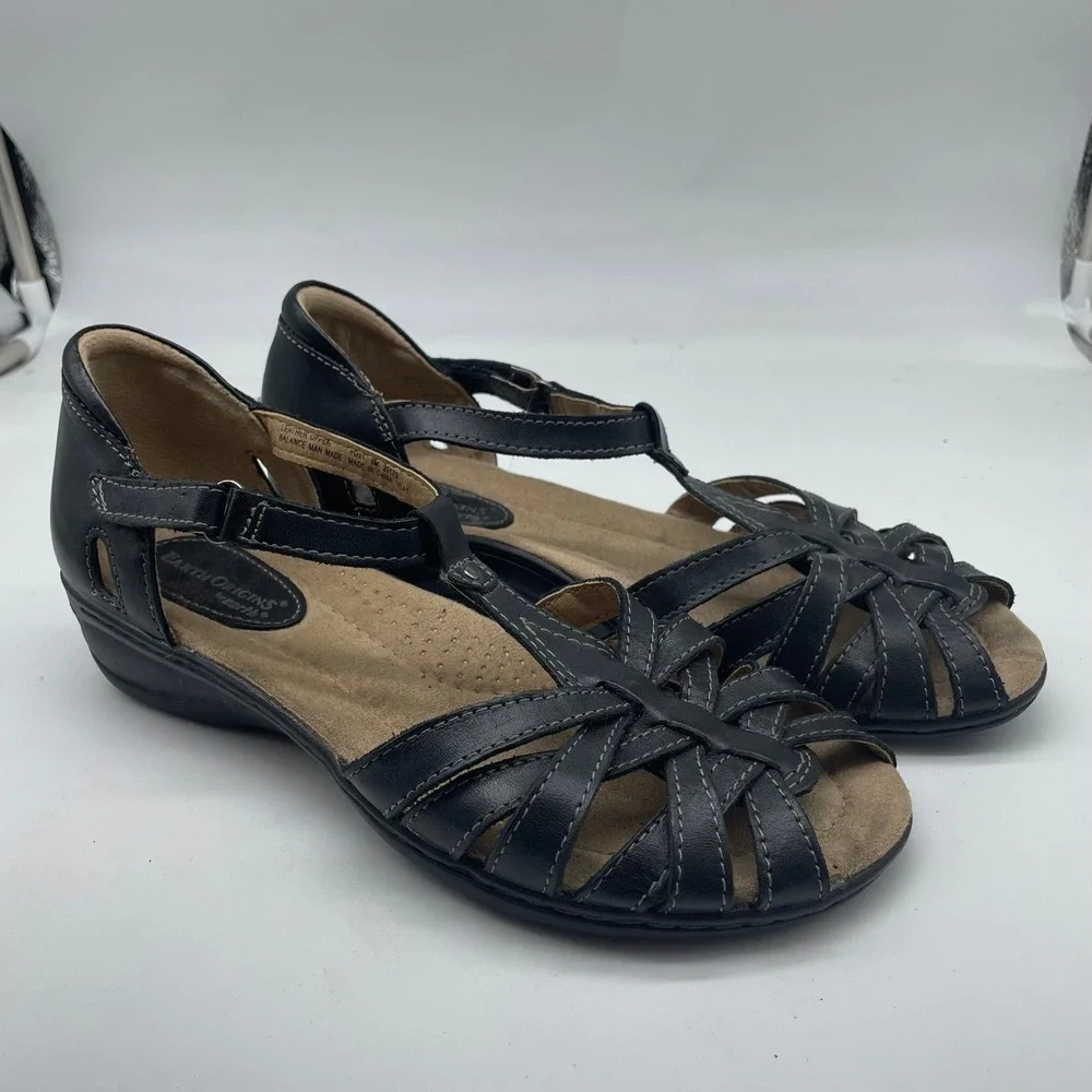 Earth Origins Tipper‎ Black Leather Strappy Wedge Sandals 8M 2017S Womens